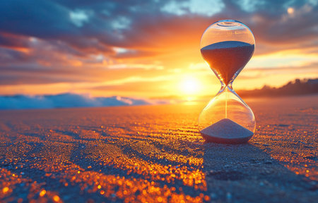 An hourglass at first light. Sand moving through an hourglass's glass bulbs to indicate how much time is passing before a deadlineの素材