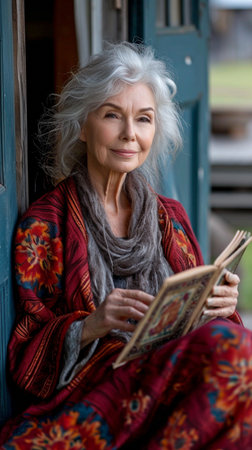 content elderly woman on porch reading bookの素材