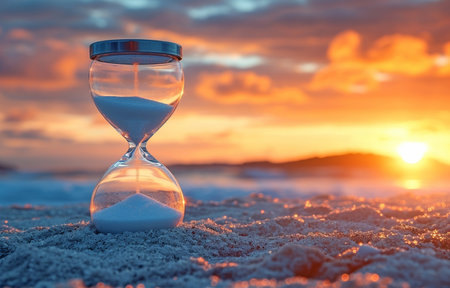 An hourglass at first light. Sand moving through an hourglass's glass bulbs to indicate how much time is passing before a deadlineの素材