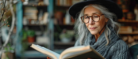 content elderly woman on porch reading bookの素材