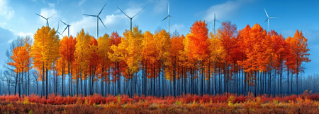 wind farm under a blue sky amid a vibrant fall forestの素材