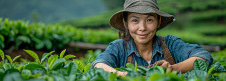 At a tea plantation, a lady gathers tea leaves.の素材
