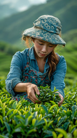 At a tea plantation, a lady gathers tea leaves.の素材