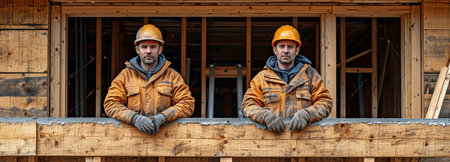 Carpenters erecting a wooden-framed house. Two men are coating the house's facade with cement particle boards.の素材