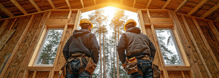 Carpenters erecting a wooden-framed house. Two men are coating the house's facade with cement particle boards.の素材