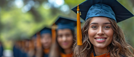 On a sunny day, happy graduates stand with their diplomas up.の素材