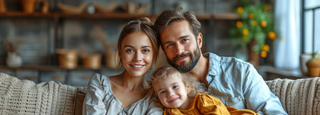 In their new flat, loving parents and their young daughter sit against the wall.の素材