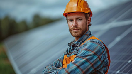 A technician installs photovoltaic solar modules on the roof of a house.の素材