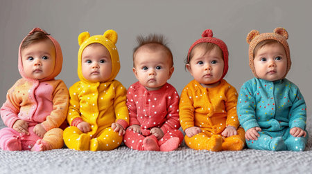 Isolated on grey background, a row of multiethnic babies sit side by side, staring away.の素材