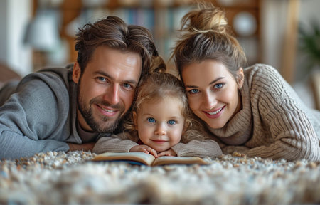 In their new flat, loving parents and their young daughter sit against the wall.の素材