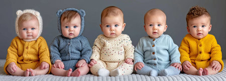 Isolated on grey background, a row of multiethnic babies sit side by side, staring away.の素材