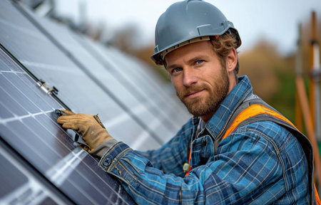 A technician installs photovoltaic solar modules on the roof of a house.の素材