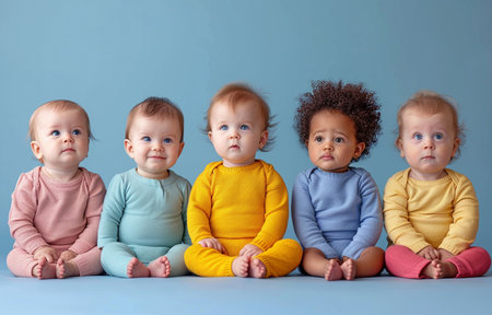 Isolated on grey background, a row of multiethnic babies sit side by side, staring away.の素材