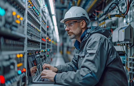a laptop-toting engineer A programmable logic controller manages a massive fully automated machine.の素材