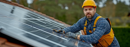 A technician installs photovoltaic solar modules on the roof of a house.の素材