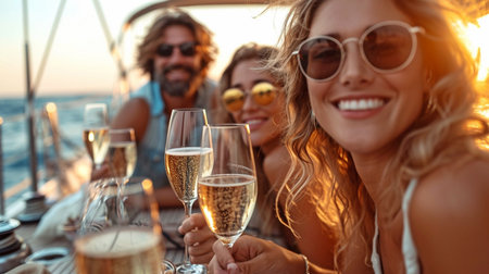 On a yacht, a family celebrates with champagne.の素材