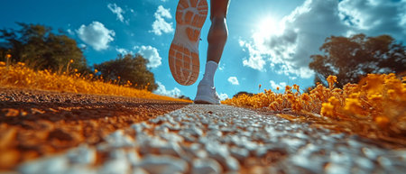 View from a low angle of an African American male runner winning a race against a blue sky.の素材