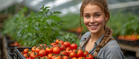 At the Greenhouse, young female farmers carry tomatoes in crates.の素材