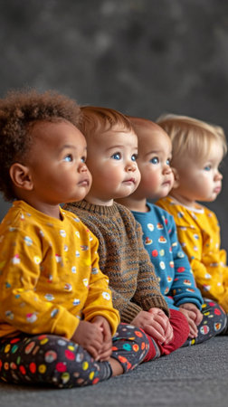 Isolated on grey background, a row of multiethnic babies sit side by side, staring away.の素材