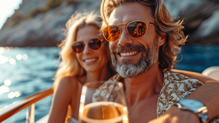 On a yacht, a family celebrates with champagne.の素材