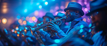 On stage, a jazz band performs.の素材