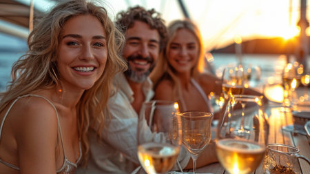 On a yacht, a family celebrates with champagne.の素材