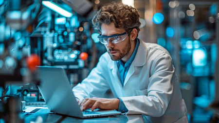 a laptop-toting engineer A programmable logic controller manages a massive fully automated machine.の素材