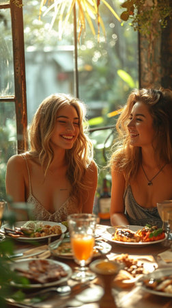 Two smiling girls eating dinner in a cafeの素材