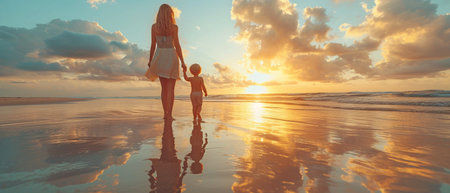 On a bright beach, a happy mother and son are playing with a kite.の素材