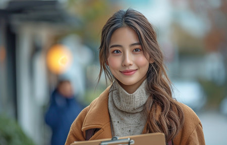 Asian female real estate salesperson with a clipboard conversing with a man in a residential settingの素材