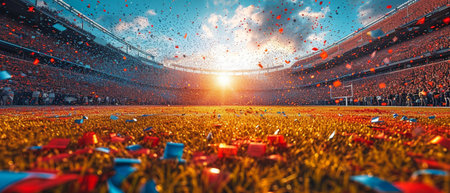 Flying confetti in the background of a football stadiumの素材