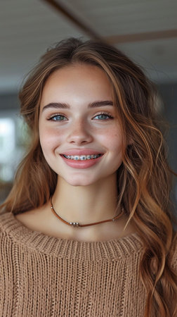 A young, attractive brunette woman with braces on her teeth is seen smiling and pointing at her face.の素材