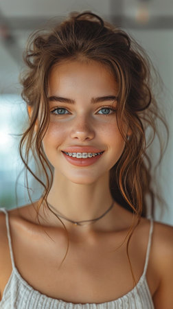 A young, attractive brunette woman with braces on her teeth is seen smiling and pointing at her face.の素材