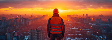 Man the builder opposing the skylineの素材