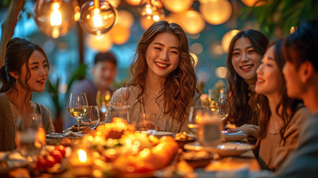 Christmas dinner at home with a group of young adult Asian friends seated around the tableの素材