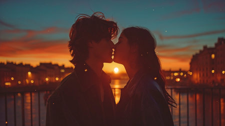 On a roof terrace or balcony, a man and woman embrace and kiss. Summertime with a quaint village and a dark blue sky in the background.の素材