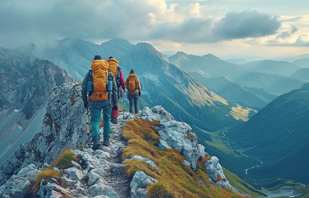 Climbers on a mountainside offering assistance over the precipice. Collaboration and the never-give-up mentalityの素材