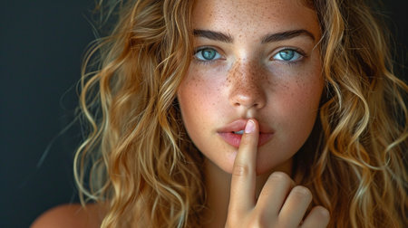 The girl gives off a silent sign. Face against a dark backgroundの素材