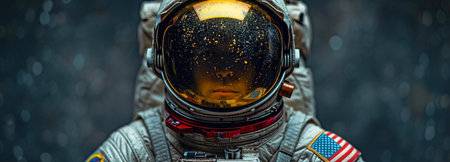 On a grey background, a serious astronaut is seen wearing a space suit and helmet.の素材
