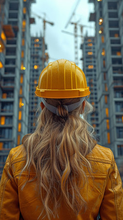 Female employees Caucasian female architect with intelligence who works as a construction engineer, inspecting a building projectの素材