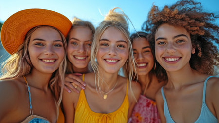 Young buddies in college are shown in the bottom view, standing in a circle and facing the camera. smiling image of a varied group of millennials having a good time together,の素材
