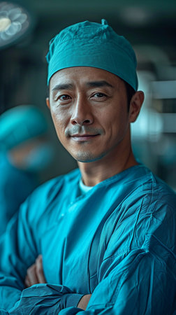 An image of a male Asian surgeon performing surgery in a hospital operating roomの素材