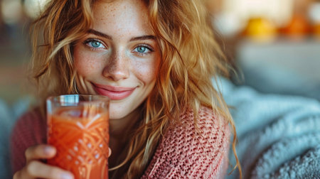 Contented young lady sipping tomato juice at home while lounging on the couch. Welfare and the idea of a healthy lifestyleの素材