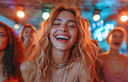 Friendship among women enjoying karaoke at home. Millennial woman having fun singing songs during a house party. Idea of friendship and entertainmentの素材