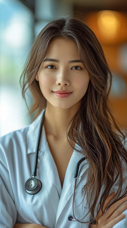 An image of an Asian doctor who is kind and smiling assist in facilitating and advising on taking care ofの素材