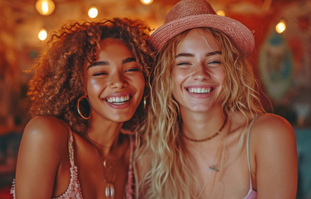 Friendship among women enjoying karaoke at home. Millennial woman having fun singing songs during a house party. Idea of friendship and entertainmentの素材