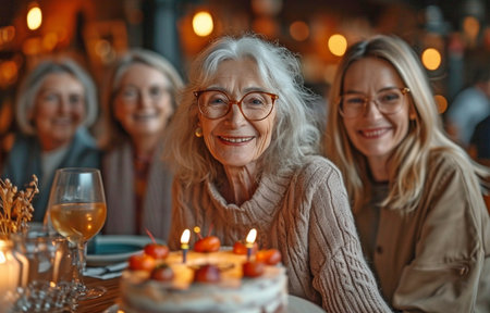 A joyful gathering of varied senior friends enjoying cake and gifts on their birthdaysの素材
