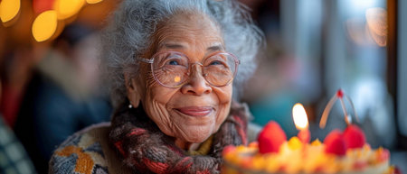 A joyful gathering of varied senior friends enjoying cake and gifts on their birthdaysの素材