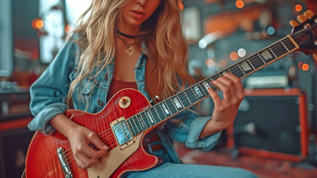 A youthful, attractive rock star strumming an electric guitarの素材