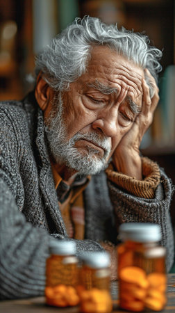 An elderly man of mixed race, dejected, stares at a prescription bottle on his kitchen table.の素材